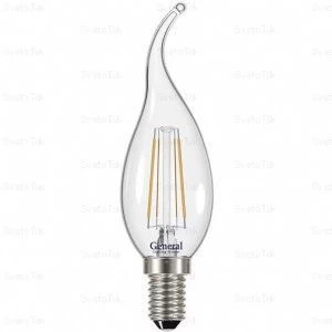 Лампа светодиодная свеча на ветру 7Вт E14 белый свет филамент (нитевидная) прозр. General LOFT 